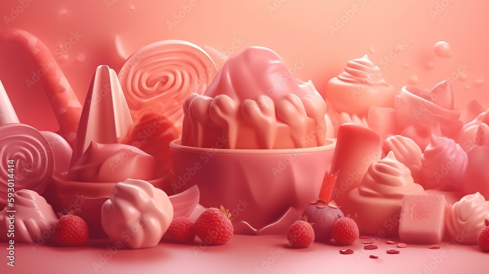 Poster a bowl filled with lots of different types of candy and lollipops. generative ai