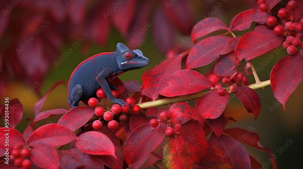 Poster a small toy lizard sitting on a branch of a tree. generative ai