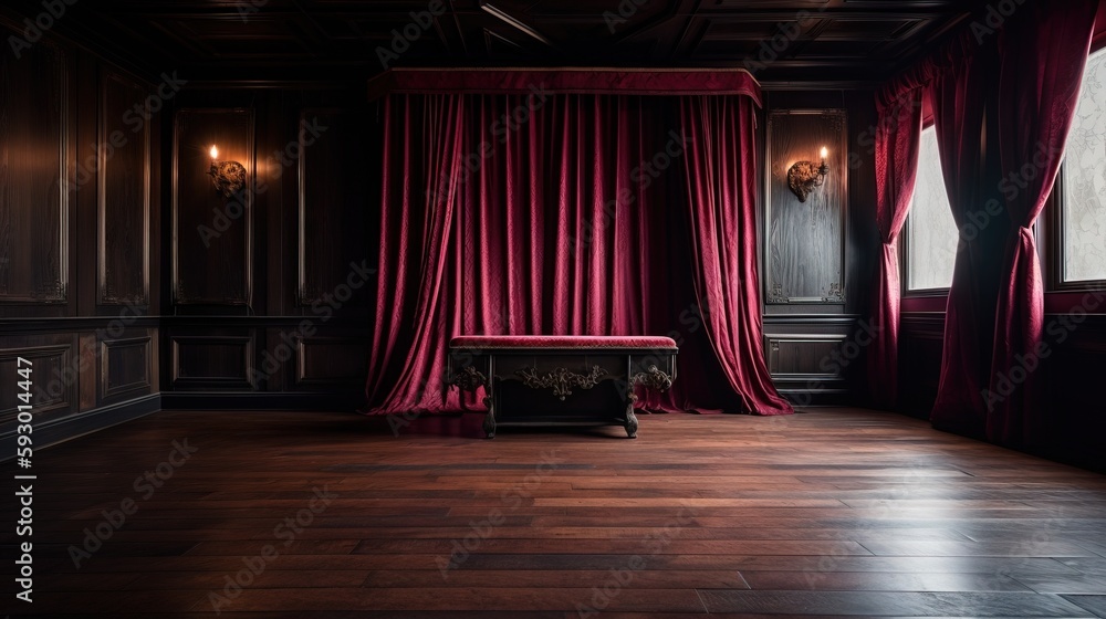 Poster a room with a bench and a red curtained window. generative ai