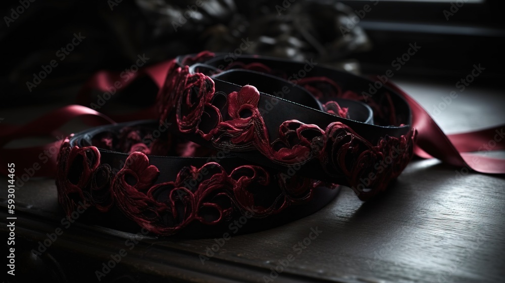 Poster a pair of black and red laces on a table. generative ai