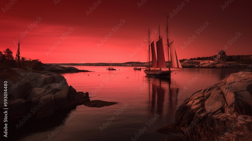 Poster a red sunset with a sailboat in the water and a lighthouse in the distance. generative ai
