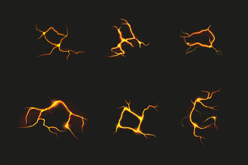 Obraz premium Earthquake crack with fire and lava. Rock texture with volcano ground effect. 3D hell glow. Isolated orange fissures. Magma light and burn. Destruction elements set. Vector background