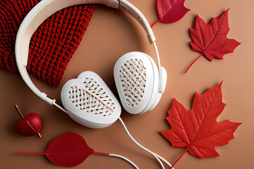 White headphones with heart on red background. Romantic music concept. Generative Ai