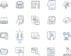 Appliances and computers outline icons collection. Appliances, Computers, Refrigerators, Washers, Dryers, Dishwashers, Microwaves vector and illustration concept set. Monitors, Keyboards, Routers