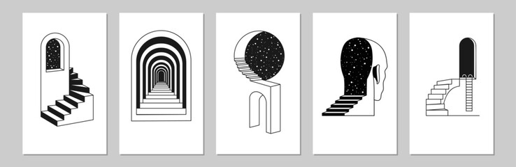 Surreal cover design, infinity posters. Line stairs and ladders sculpture elements, arch and doors monochrome universe. Minimal design cards. Geometric figures vector abstract modern banners - obrazy, fototapety, plakaty