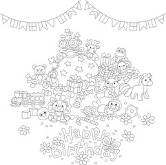 Happy birthday card with funny toys, holiday gifts and sweets, black and white outline vector cartoon illustration