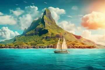 Colorful illustration of beautiful tropical island scene with ocean, mountains, sailboat and more. General view of Polynesia. generative AI