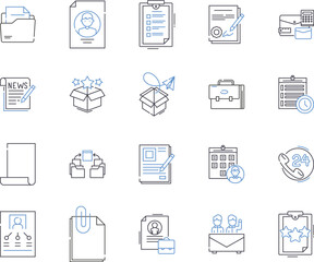 Document management outline icons collection. Document, Management, System, Records, Scanning, Capturing, Collaboration vector and illustration concept set. Repository, Access, Storage linear signs
