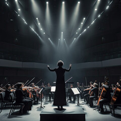 conductor and orchestra members in an empty concert hall with spotlights on the ceiling, lighting from stage lights behind. Dramatic Female Conductor Leading Modern Symphony Orchestra - Generative AI - obrazy, fototapety, plakaty