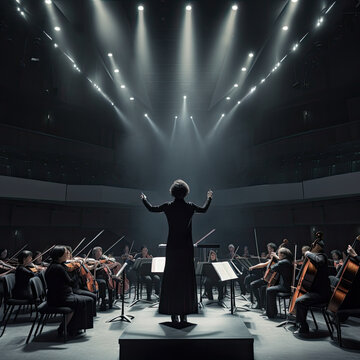 conductor and orchestra members in an empty concert hall with spotlights on the ceiling, lighting from stage lights behind. Dramatic Female Conductor Leading Modern Symphony Orchestra - Generative AI