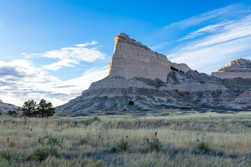 Scotts Bluff National Monument Nebraska winter arid desert landscape at sunset with blue sky and...