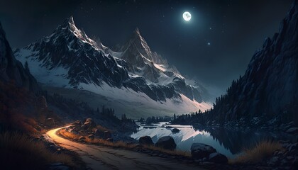 Mountain landscape at night with the moon and road to the top of the hill design illustration