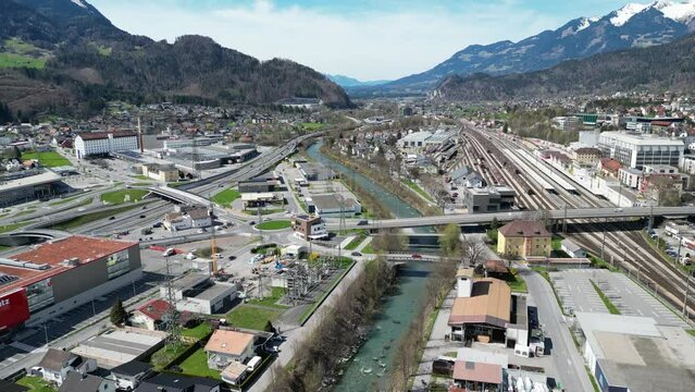 
alpine town of bludenz in austria, aerial view, beautiful landscape, railway, highway