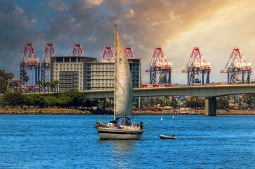 Sailboat captured floating on a scenic seascape in Long Beach, California at sunset - obrazy, fototapety, plakaty