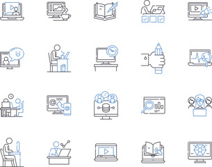 Workflow and office outline icons collection. Workflow, Office, Automation, Process, Tasks, Organize, Routines vector and illustration concept set. Management, Integration, Optimization linear signs