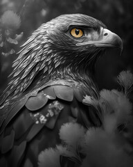 Generated portrait of a wild eagle in feathers on a black background in black and white format