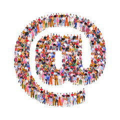 Large group of people in form of Email address sign. People standing together. A crowd of male and female characters. Flat vector illustration isolated on white background.