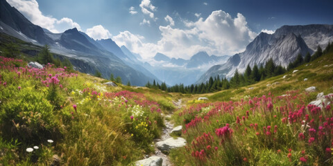 Fototapeta premium meadow in the alps summer, beautiful, mountains with bright green grass, Generative Ai
