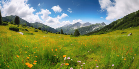 Fototapeta premium meadow in the alps summer, beautiful, mountains with bright green grass, Generative Ai