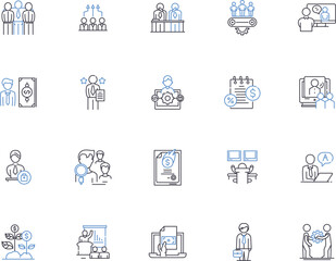 Coaching and mentorship outline icons collection. Mentoring, Coaching, Guidance, Support, Development, Training, Advising vector and illustration concept set. Counseling, Direction, Facilitation