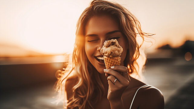Young beautiful girl enjoying a chocolate ice cream cone on a sunny day of summer holidays