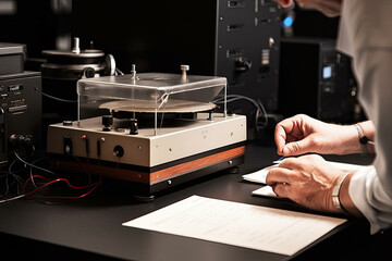 Obraz premium a person looking at a record on a table next to an old typewriter's turntable, with other equipment in the. Generative AI