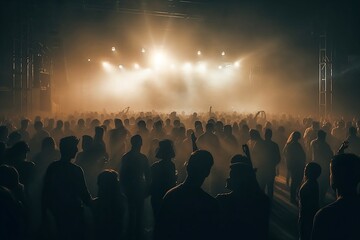 Fototapeta na wymiar music-concert-stage-and-crowd-smoky AI Generated.