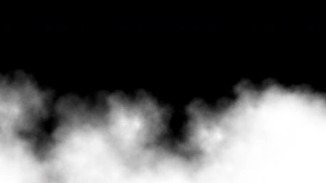 White clouds flowing fast from right to left on black background. Abstract background. Motion graphic.