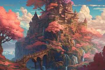 wooden castle integrated into a mountain surrounded by trees with red foliage created with Generative AI technology
