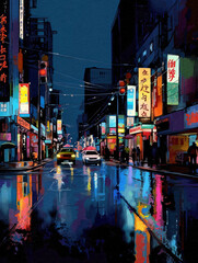 Colorful Digital Painting of a Modern City at Nigh - generative ai