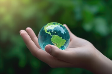 Hand of human holding green world with environment icon, Save world, sustainable environment concept