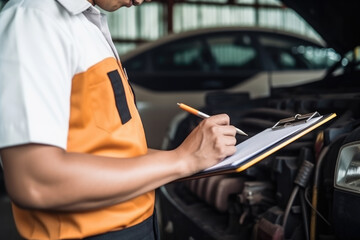 Mechanic check list to the clipboard insurance with inspecting car at garage workshop, Car auto services and maintenance check concept