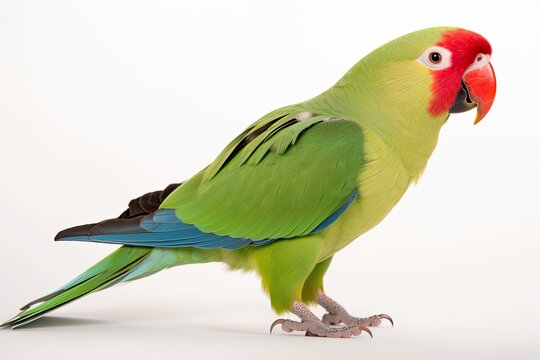 Against a white backdrop, a male flying large green ringed or Alexandrine parakeet (Psittacula eupatria) is shown. Generative AI