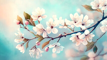 Floral spring background of cherry blossom flower in spring. Watercolor illustration. Generated AI .