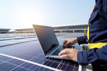 Hand of engineer using notebook on rooftop photovoltaic power station for analyze electric data