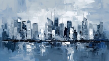 Abstract acrylic painting of a city, monochromatic color schemes, dark blue and gray colors, reflections, minimalistic brushstrokes. AI art