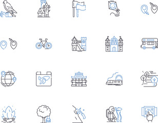 Hospitality company outline icons collection. Hotel, Inn, Lodge, Resort, B&B, Hostel, Boutique vector and illustration concept set. Vacation, Airbnb, Concierge linear signs