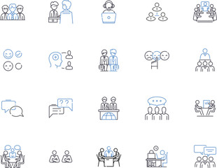 Discussion outline icons collection. Debate, Analyze, Evaluate, Exchange, Assess, Vent, Comprehension vector and illustration concept set. Sharpening,Review,Argument linear signs