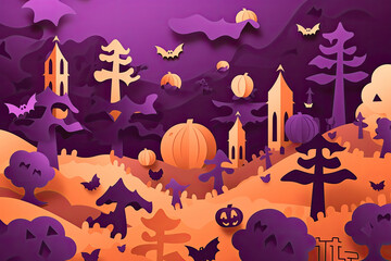 a halloween scene with bats, ghosts and pumpkins in the background is an illustration of a witch's house. Generative AI