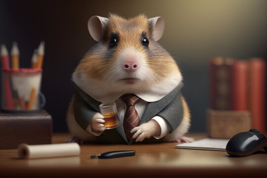 Cute hamster businessman in elegant professional suit sitting on his desk with whiskey in his hand. Business, profession, meeting concept. Generative AI