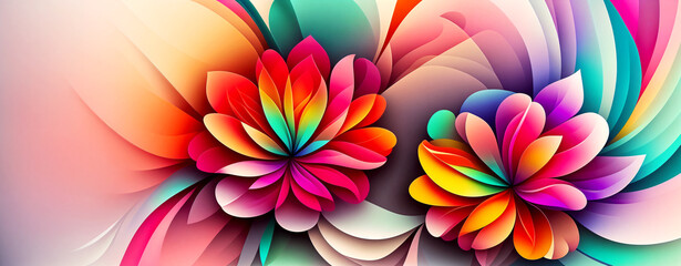 Obraz na płótnie Canvas A Floral Wonderland with Pink Dahlias, Red Blooms, and Yellow Beauty, Set Against an Abstraction of Colorful Patterns and Designs for a Decorative and Celebratory Card Banner.