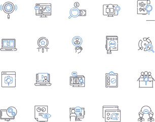 Research and development outline icons collection. Research, Development, Innovation, Adaptation, Experimentation, Advancement, Analysis vector and illustration concept set. Modification, Improvement