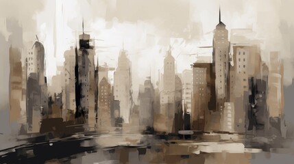 Abstract acrylic painting of a city, monochromatic color schemes, beige and gray colors, minimalistic brushstrokes. AI art