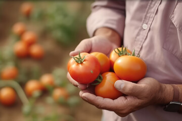 Hands of farmer show his fresh tomato in farm and ready give them to customer, delivery fresh market goods online shopping