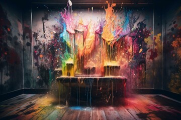 Splashes of paint on the wall in the interior. Multicolored fountain in the room as an abstract illustration. Generative AI