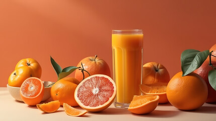Orange juice and juicy tropical fruits on a light colored background. Generative Ai