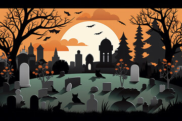 a cemetery with bats and tombstones in the foreground, at night time illustration by michael schry. Generative AI