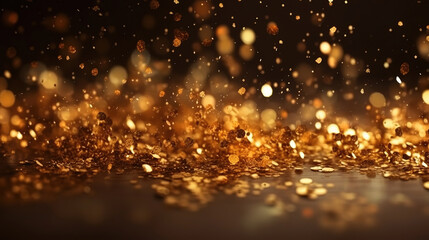 Obraz na płótnie Canvas Golden bokeh background. Texture foil and confetti bokeh light of golden dust. Generative Ai