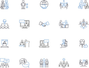 Fototapeta na wymiar Supporting people outline icons collection. Aid, Assist, Backing, Boost, Bolster, Facilitate, Guiding vector and illustration concept set. Helping, Nourishing, Encouraging linear signs