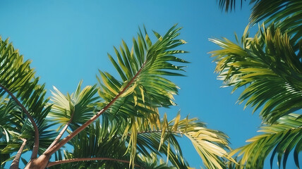 Fototapeta premium Summer beach background of tropical island with palm trees. Generative Ai